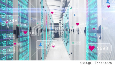 Corridor stretching in data center, with server racks, cables and streams, floating social metrics Corridor stretching in data center, with server racks, cables and streams, floating social metrics 135583220