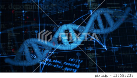 Floating 3D DNA helix model rotating within virtual interface, with code snippets and data streams Floating 3D DNA helix model rotating within virtual interface, with code snippets and data streams 135583235