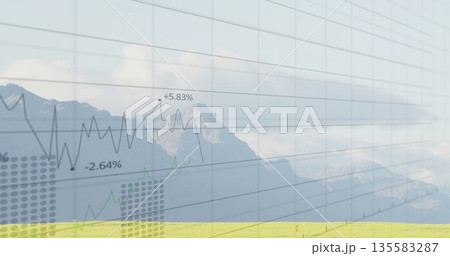 Translucent grid overlaying mountain meadow, tracing black and green graphs with -2 135583287