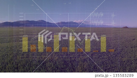 Displaying bar chart and line graph overlaying grassland at dusk with grid lines and numbers Displaying bar chart and line graph overlaying grassland at dusk with grid lines and numbers 135583289