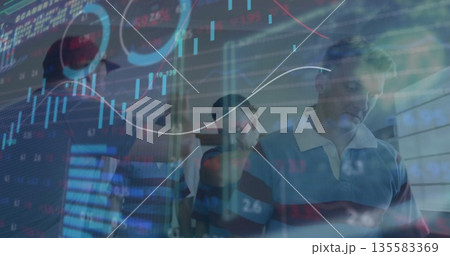 Viewing seven men wearing striped polos checking markets in office with chart overlays and tickers 135583369