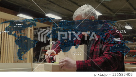 Marking wood plank, carpenter using tape measure and pencil at carpentry shop, digital map overlay 135583409