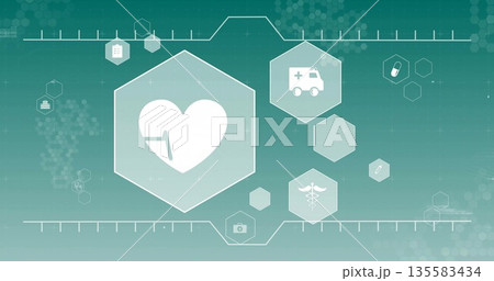 Displaying large hexagonal panel showing ECG line on medical UI, with ambulance caduceus pill icons 135583434