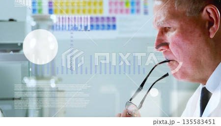 Studying scientist wearing lab coat holding eyeglasses, analyzing data overlays in lab, copy space 135583451