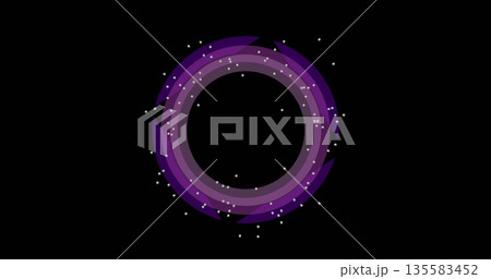 Generating purple concentric rings and violet segments on black void, with white square particles Generating purple concentric rings and violet segments on black void, with white square particles 135583452