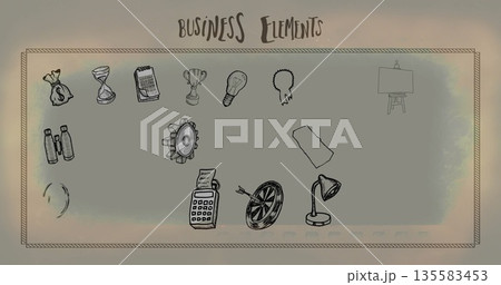 Displaying sketched business icons on parchment backdrop, with money bag, hourglass and light bulb Displaying sketched business icons on parchment backdrop, with money bag, hourglass and light bulb 135583453