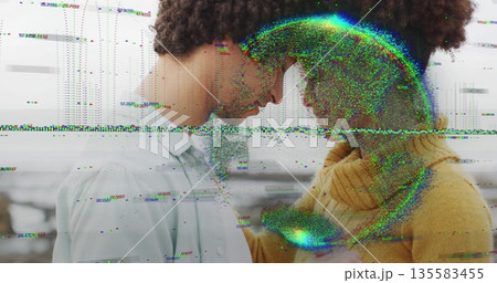 Couple touching heads wearing white shirt yellow top in home with multi pane window, glitch overlay Couple touching heads wearing white shirt yellow top in home with multi pane window, glitch overlay 135583455