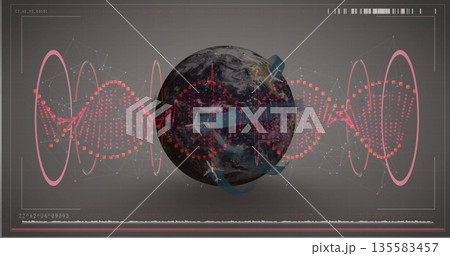 Displaying 3D Earth globe on grey interface background, with arrows, red waveform and white nodes 135583457