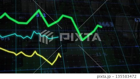 Displaying green yellow cyan line graphs on dashboard, with grid numeric percent markers, circuitry 135583472