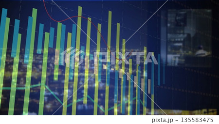 Trading screen displaying bar chart and red, teal line graphs, reflecting city lights and monitor Trading screen displaying bar chart and red, teal line graphs, reflecting city lights and monitor 135583475