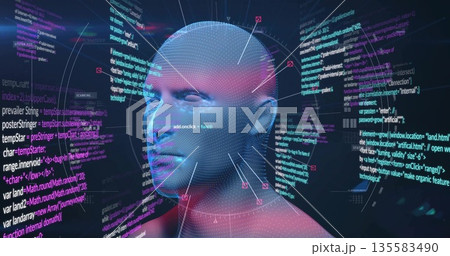 Floating glowing 3D mesh head model in virtual interface, showing code panels arrows index labels 135583490