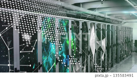 Featuring glass-fronted server racks in server room corridor, with network overlays Featuring glass-fronted server racks in server room corridor, with network overlays 135583491