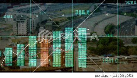 Displaying 3D bar and line chart over aerial city view, with circular markers and currency labels 135583502