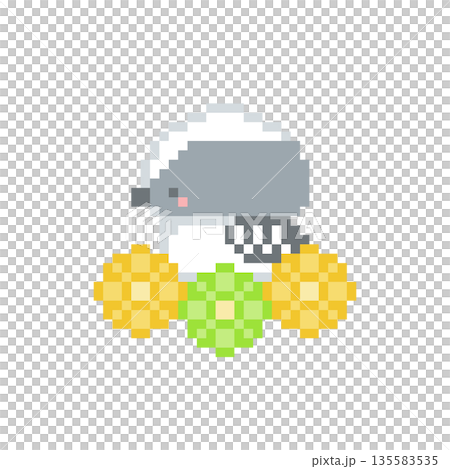 黄色い花と横向きシマエナガの雛のドット絵 135583535