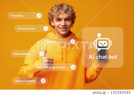 Young person holds sign about AI chat bot and its uses in various tasks Young person holds sign about AI chat bot and its uses in various tasks 135583593