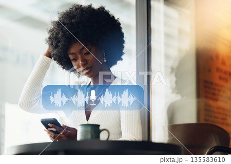 Woman recording voice message while sitting in a cafe with a smartphone Woman recording voice message while sitting in a cafe with a smartphone 135583610