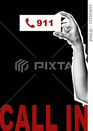 Hand holding a card showing emergency number in simple design for safety awareness 135583655