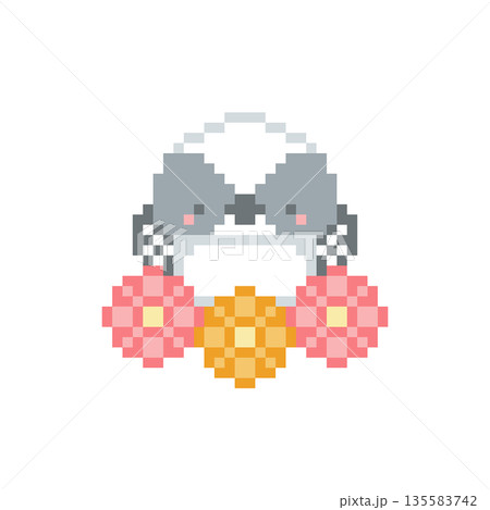 赤い花と万歳するシマエナガの雛のドット絵 135583742