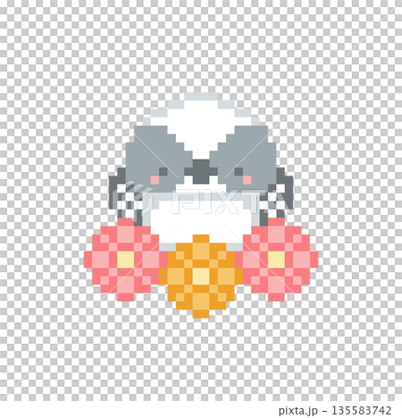 赤い花と万歳するシマエナガの雛のドット絵 135583742