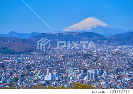 春の神奈川県秦野市の弘法山公園の権現山展望台から西側の眺望(秦野市街,富士山,矢倉岳など) 135583759