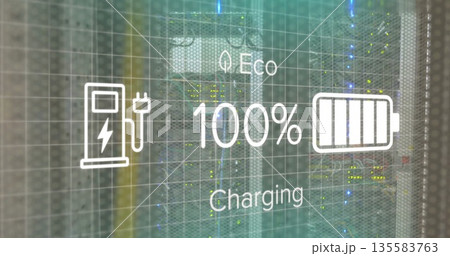 Displaying charging overlay over server racks in data center, with eco 100% battery and bolt icons 135583763