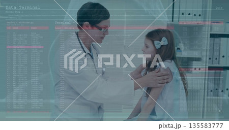 Doctor aiding child wearing gown on exam table in clinic with stethoscope, binders and data overlay 135583777