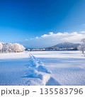 一面が雪で覆われた広大な北海道の風景。白銀の世界に続く広い平野と、遠くにそびえる雪山 135583796