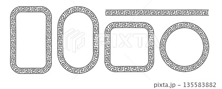 Greek doodle frames set. Hand drawn roman circle, oval and rectangle frame. Greek or Roman ancient motif border design. Ancient ornament elements. Vector illustration isolated on white background 135583882