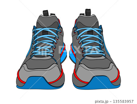 青とグレーのスニーカー 正面前向き フラットのイラスト アイコン素材 135583957