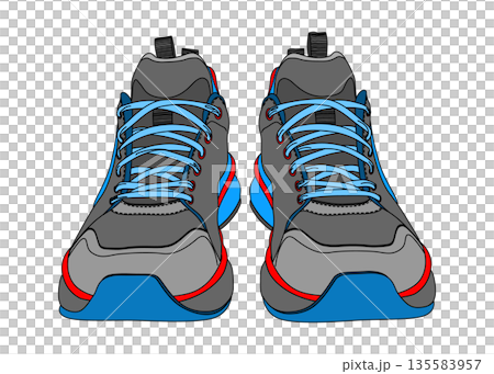 藍色和灰色運動鞋，正面照，扁平化插圖，圖示素材 135583957