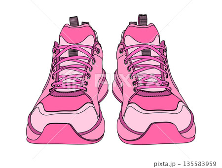 ピンク色のスニーカー 正面前向き フラットのイラスト アイコン素材 135583959