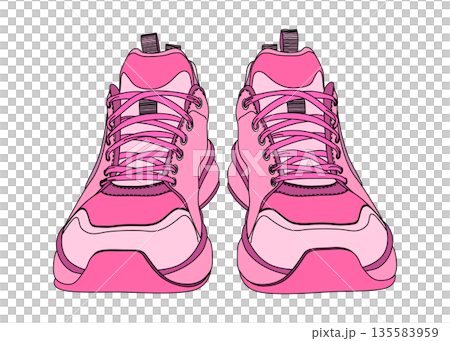 粉紅色運動鞋，正面，扁平化插圖，圖示素材 135583959