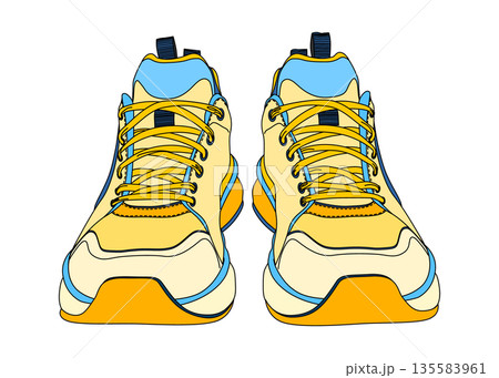 黄色とブルーのスニーカー 正面前向き フラットのイラスト アイコン素材 135583961