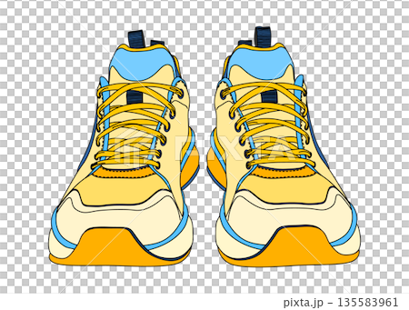 黃色和藍色運動鞋，正面照，扁平化插圖，圖示素材 135583961