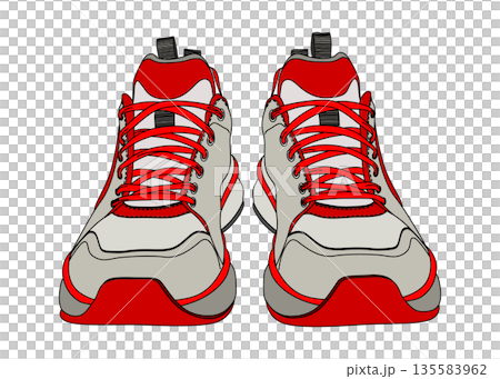 紅色和灰色運動鞋，正面視圖，扁平化插圖，圖示素材 135583962