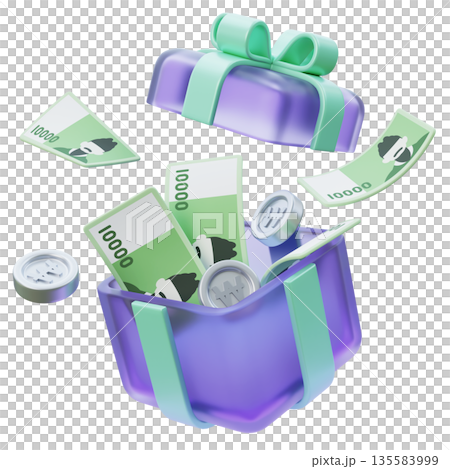 10,000 Won Bills and Coins Popping Out of a Gift Box 3D Design 135583999