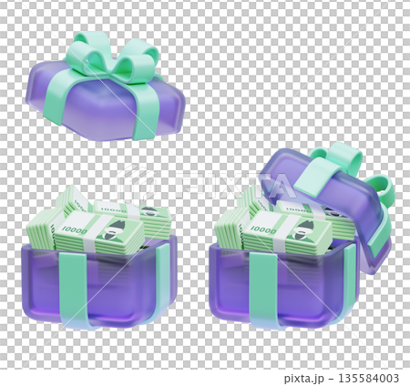 Gift Box Overflowing with 10,000 South Korean Won Bills 3D Illustration 135584003
