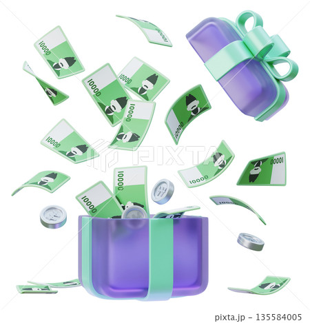 10,000 Won Bills and Coins Popping Out of a Gift Box 3D Design 135584005