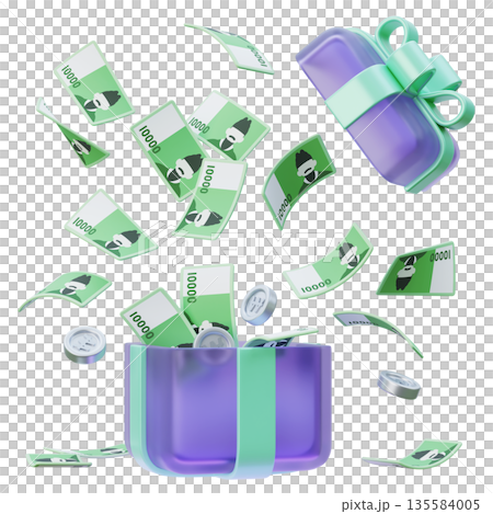 10,000 Won Bills and Coins Popping Out of a Gift Box 3D Design 135584005