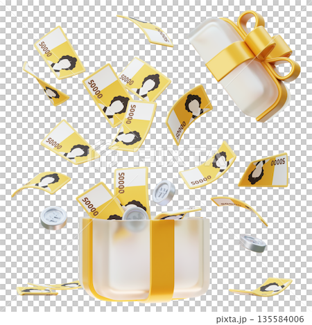 Dynamic 3D Explosion of 50,000 Won Bills and Coins from Gift Box Dynamic 3D Explosion of 50,000 Won Bills and Coins from Gift Box 135584006
