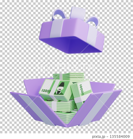 Gift Box Overflowing with 10,000 South Korean Won Bills 3D Illustration 135584009