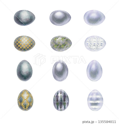 Pearl gray watercolor Easter eggs. A large set of monochrome and ornamental hand-drawn egg illustrations in a realistic style on a white background, perfect for Easter design materials, invitations 135584011