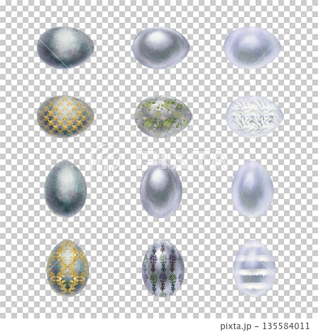 Pearl gray watercolor Easter eggs. A large set of monochrome and ornamental hand-drawn egg illustrations in a realistic style on a white background, perfect for Easter design materials, invitations 135584011