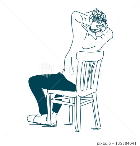椅子に座ってぼんやり頭を抱える男性のモノクロイラスト 135584041