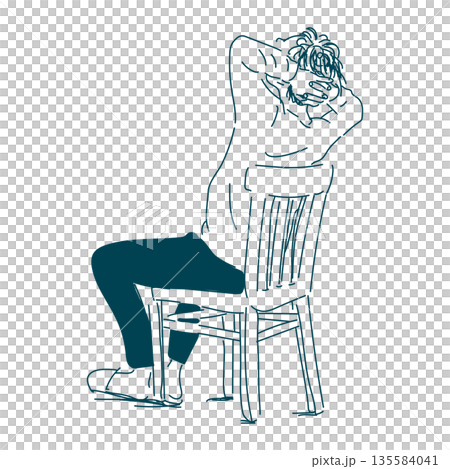 椅子に座ってぼんやり頭を抱える男性のモノクロイラスト 135584041