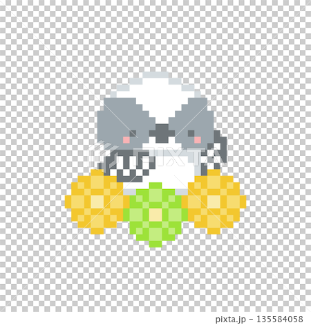 黄色い花と挙手するシマエナガの雛のドット絵 135584058