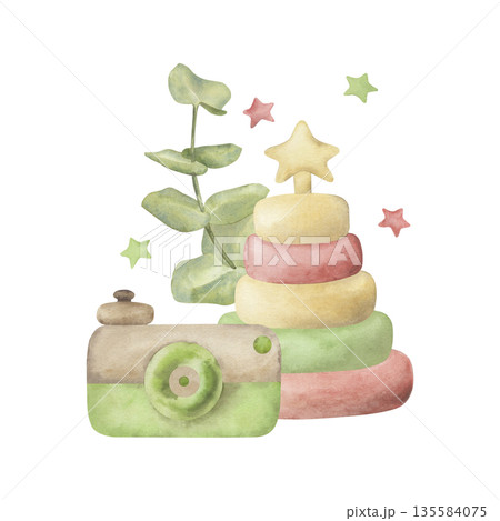Soft watercolor illustration of pastel children's toys: a pyramid with a star top, a vintage toy camera, eucalyptus leaves and cute stars. Baby room decor, baby boho art, hand painted. Scandinavian 135584075