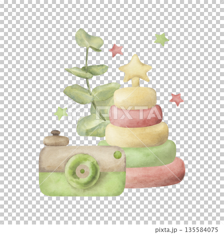 Soft watercolor illustration of pastel children's toys: a pyramid with a star top, a vintage toy camera, eucalyptus leaves and cute stars. Baby room decor, baby boho art, hand painted. Scandinavian 135584075