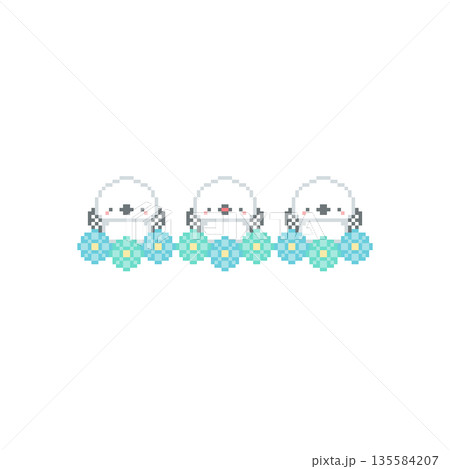 水色の花畑とシマエナガのドット絵 水色の花畑とシマエナガのドット絵 135584207