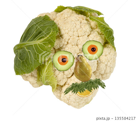 Creative food concept. Funny portrait made of vegetables and fruit. Creative food concept. Funny portrait made of vegetables and fruit. 135584217